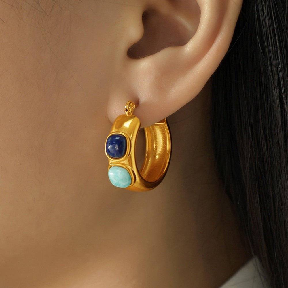 Gold Turquoise Hoop Earrings*Gem Hoops*Waterproof Jewelry*cottage core